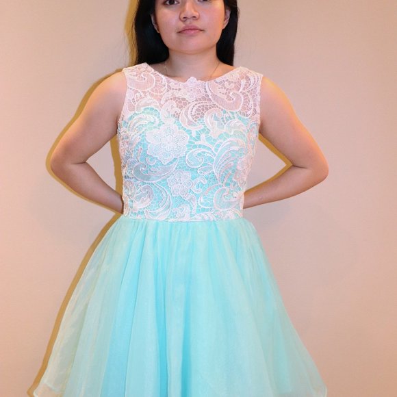 Short Lace Teal Tulle Grad Dress - Picture 6 of 7